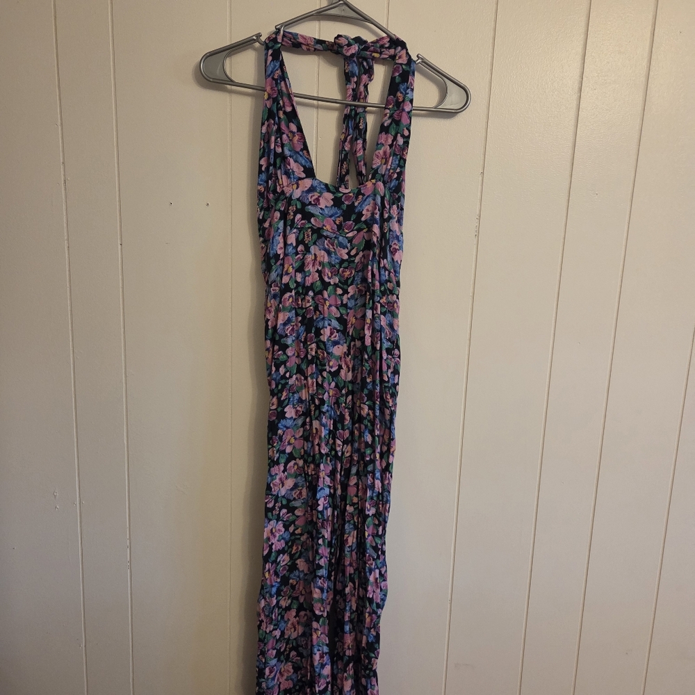 Opullence Paris Blue Purple Floral Jumpsuit Halter Neck Size Medium Winery